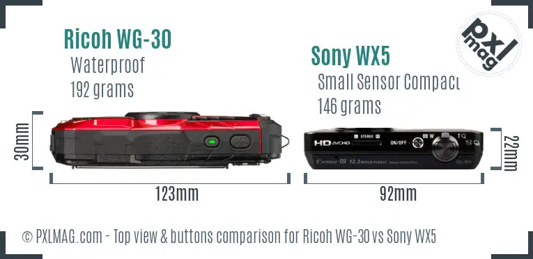 Ricoh WG-30 vs Sony WX5 top view buttons comparison