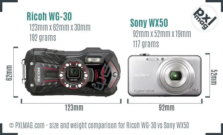 Ricoh WG-30 vs Sony WX50 size comparison
