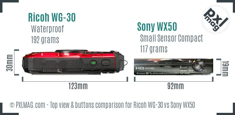Ricoh WG-30 vs Sony WX50 top view buttons comparison