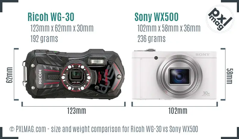 Ricoh WG-30 vs Sony WX500 size comparison
