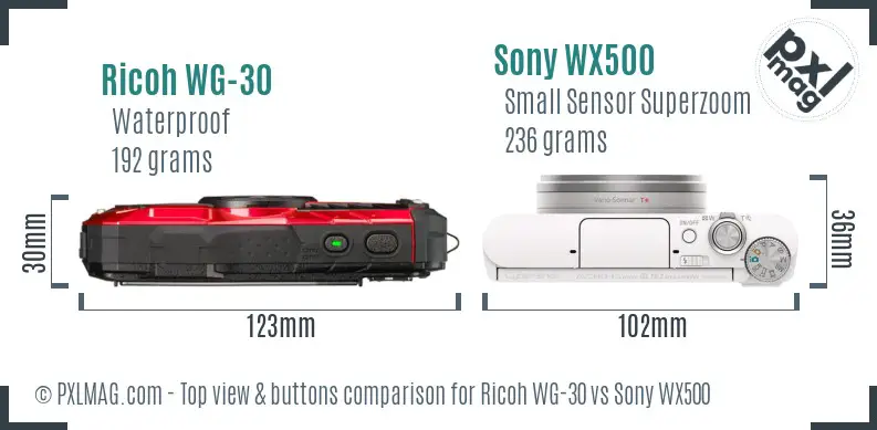 Ricoh WG-30 vs Sony WX500 top view buttons comparison
