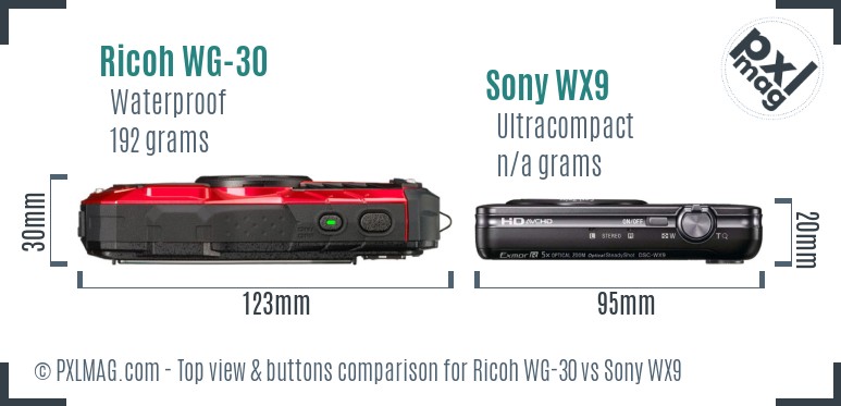 Ricoh WG-30 vs Sony WX9 top view buttons comparison