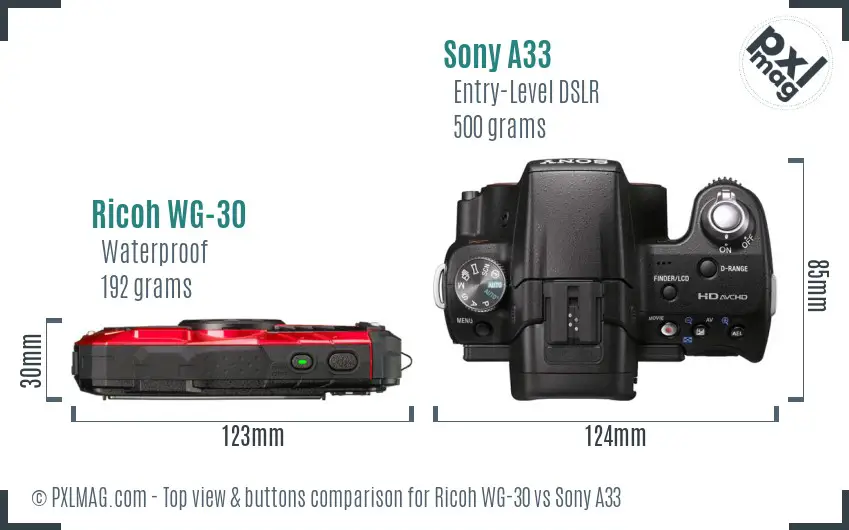 Ricoh WG-30 vs Sony A33 top view buttons comparison