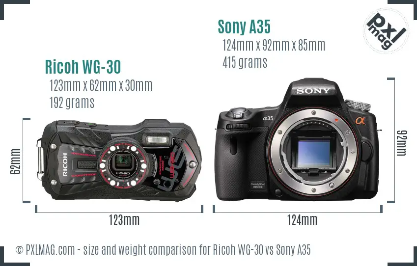 Ricoh WG-30 vs Sony A35 size comparison