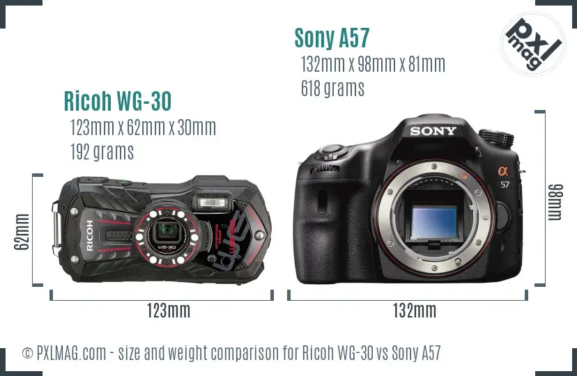 Ricoh WG-30 vs Sony A57 size comparison