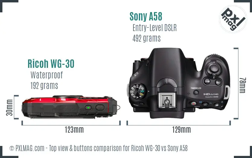 Ricoh WG-30 vs Sony A58 top view buttons comparison