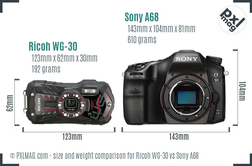 Ricoh WG-30 vs Sony A68 size comparison