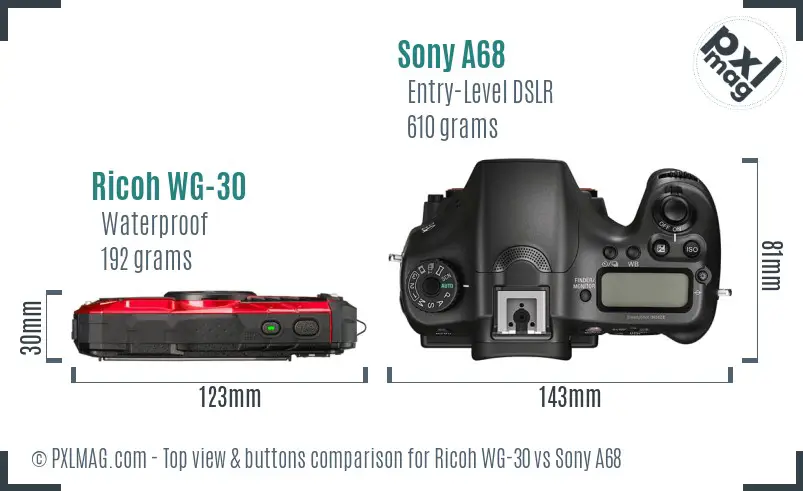 Ricoh WG-30 vs Sony A68 top view buttons comparison