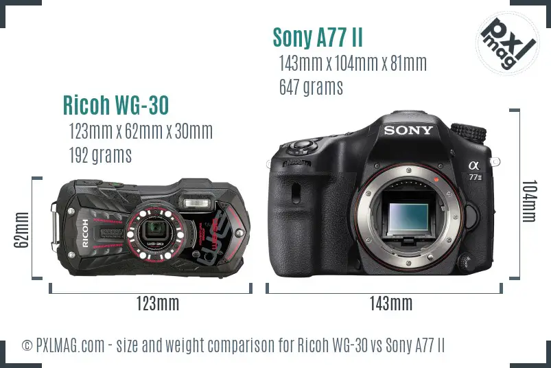 Ricoh WG-30 vs Sony A77 II size comparison