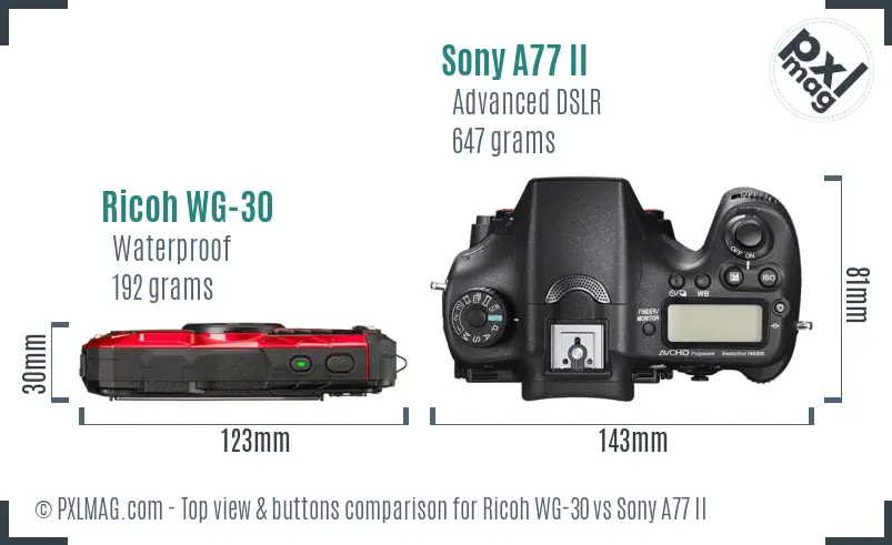 Ricoh WG-30 vs Sony A77 II top view buttons comparison