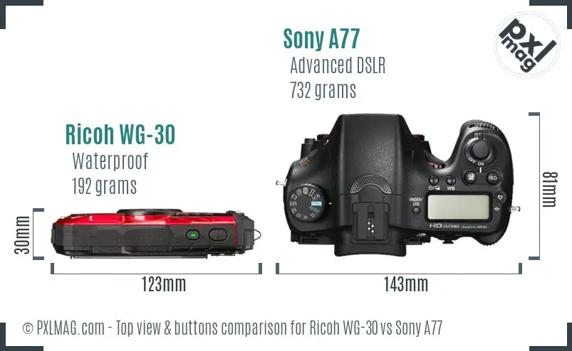 Ricoh WG-30 vs Sony A77 top view buttons comparison