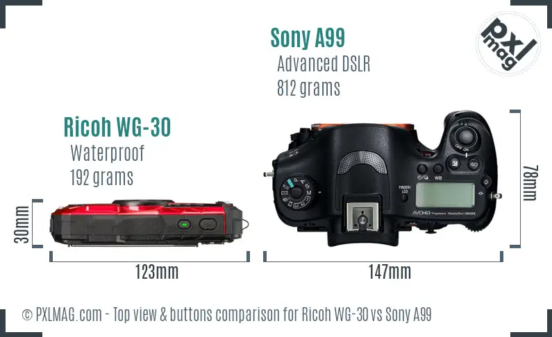 Ricoh WG-30 vs Sony A99 top view buttons comparison