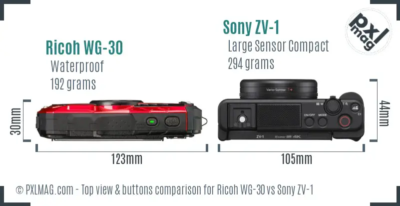 Ricoh WG-30 vs Sony ZV-1 top view buttons comparison
