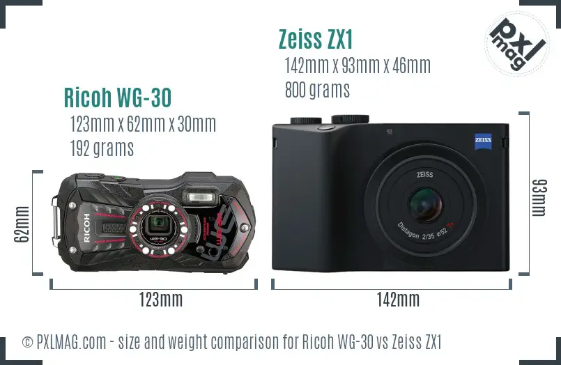Ricoh WG-30 vs Zeiss ZX1 size comparison