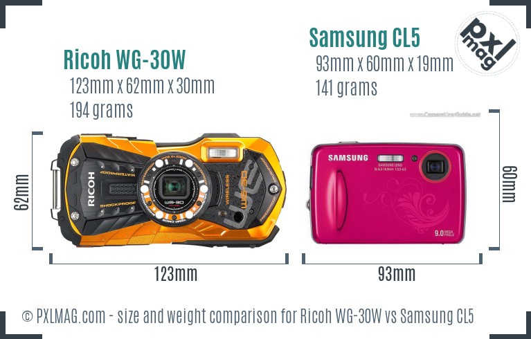 Ricoh WG-30W vs Samsung CL5 size comparison