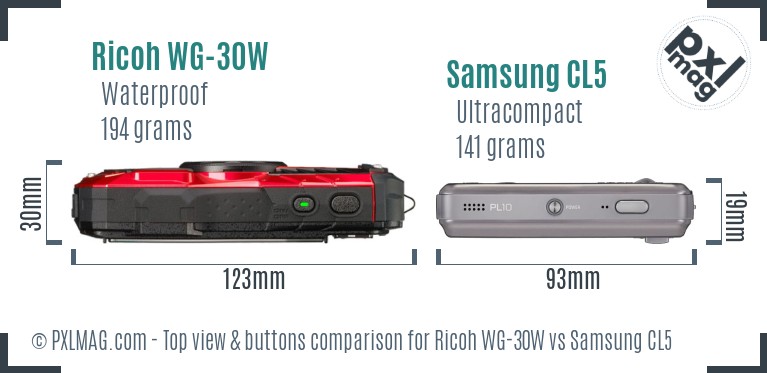 Ricoh WG-30W vs Samsung CL5 top view buttons comparison