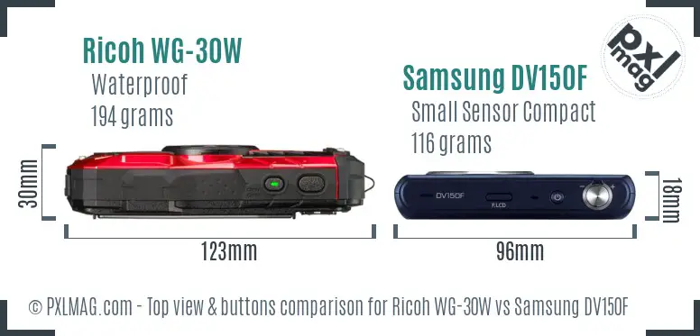 Ricoh WG-30W vs Samsung DV150F top view buttons comparison