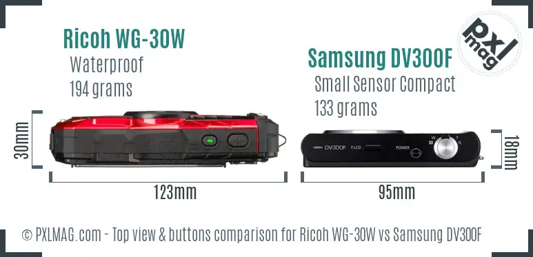 Ricoh WG-30W vs Samsung DV300F top view buttons comparison