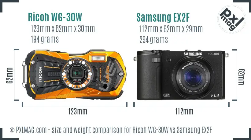 Ricoh WG-30W vs Samsung EX2F size comparison