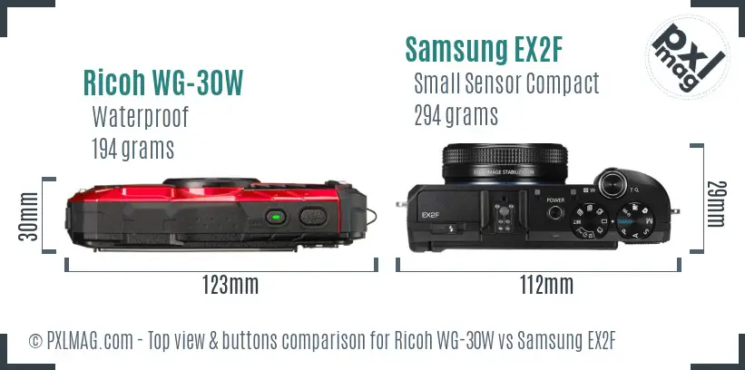 Ricoh WG-30W vs Samsung EX2F top view buttons comparison