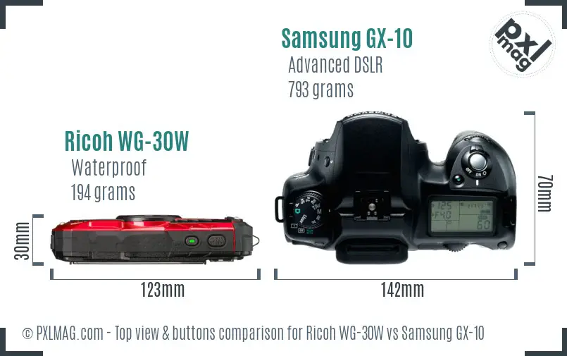 Ricoh WG-30W vs Samsung GX-10 top view buttons comparison