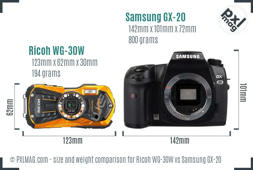 Ricoh WG-30W vs Samsung GX-20 size comparison