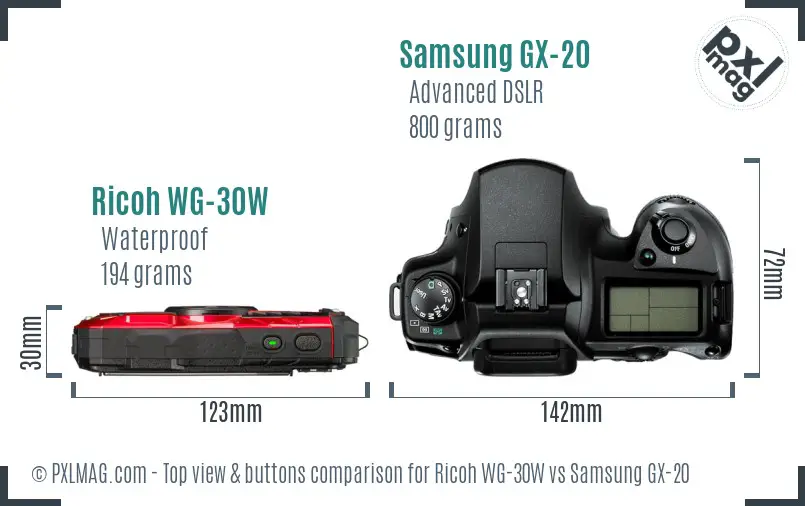 Ricoh WG-30W vs Samsung GX-20 top view buttons comparison