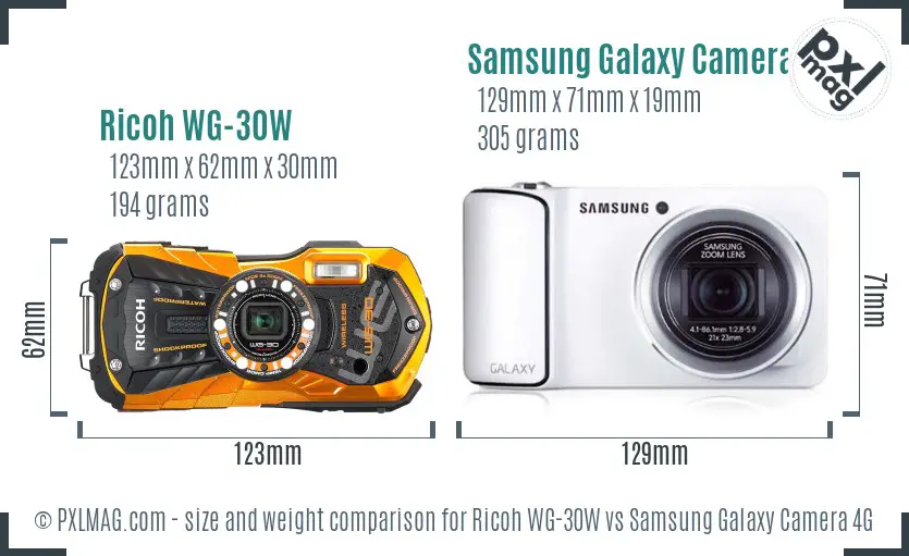 Ricoh WG-30W vs Samsung Galaxy Camera 4G size comparison