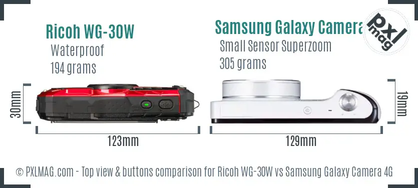 Ricoh WG-30W vs Samsung Galaxy Camera 4G top view buttons comparison