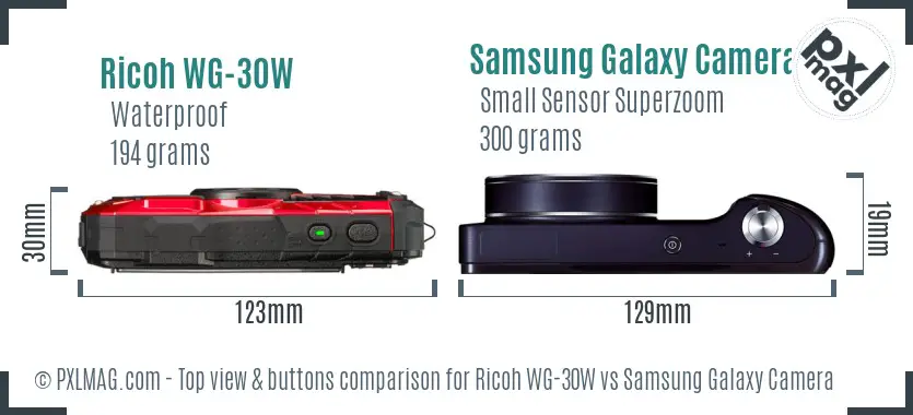 Ricoh WG-30W vs Samsung Galaxy Camera top view buttons comparison