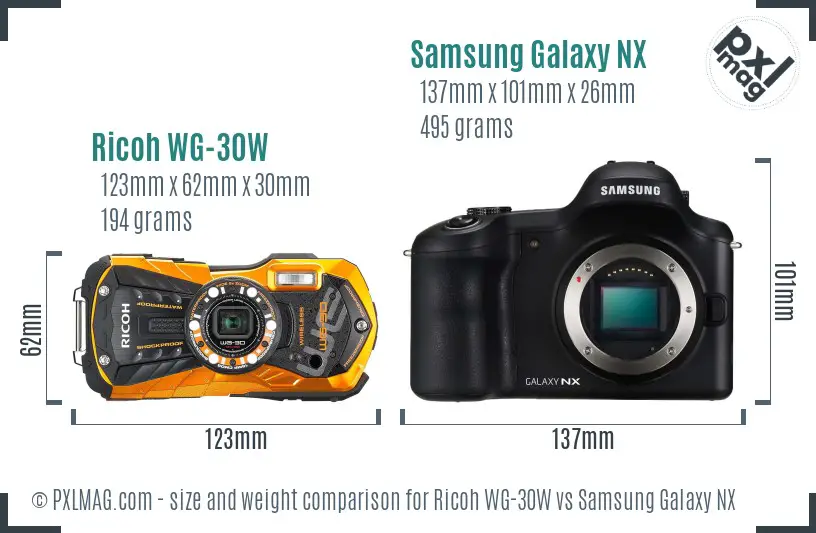 Ricoh WG-30W vs Samsung Galaxy NX size comparison