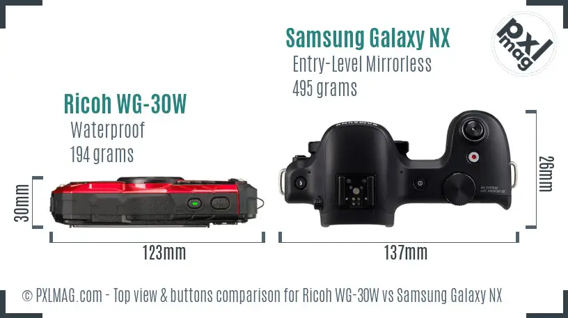 Ricoh WG-30W vs Samsung Galaxy NX top view buttons comparison