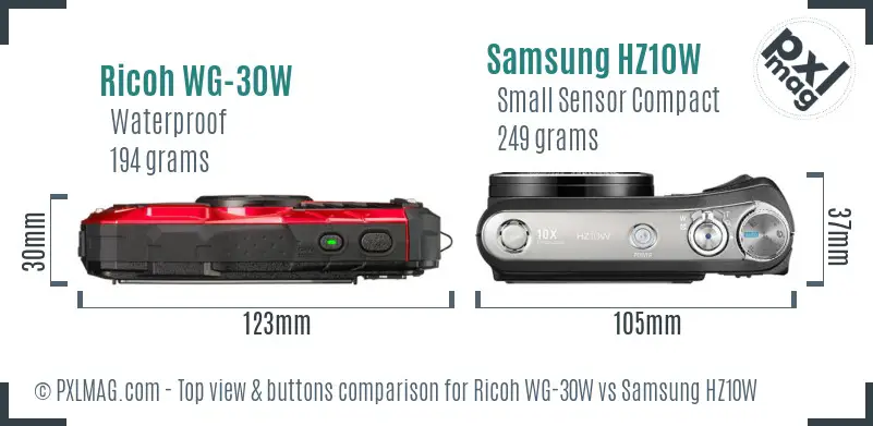 Ricoh WG-30W vs Samsung HZ10W top view buttons comparison