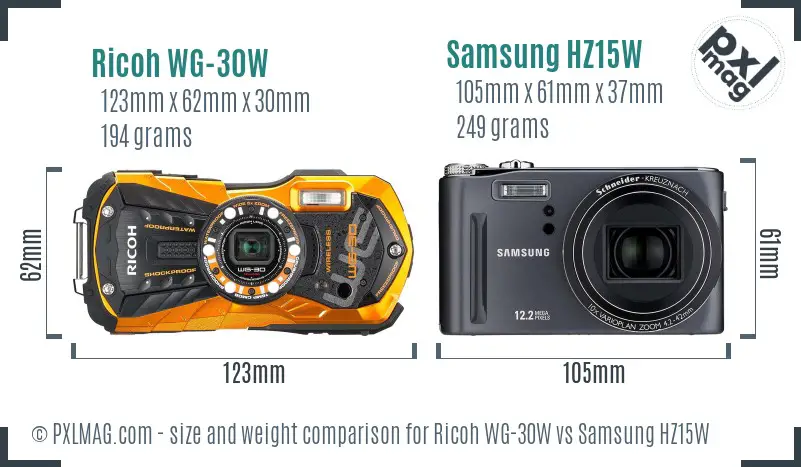 Ricoh WG-30W vs Samsung HZ15W size comparison