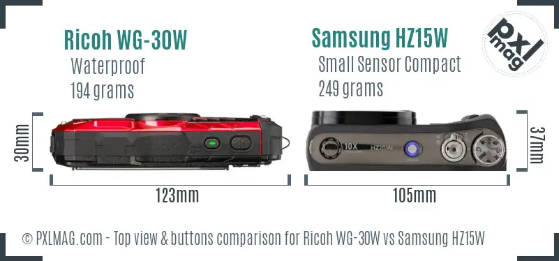 Ricoh WG-30W vs Samsung HZ15W top view buttons comparison