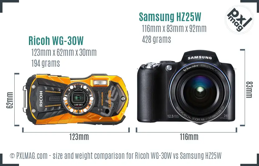 Ricoh WG-30W vs Samsung HZ25W size comparison