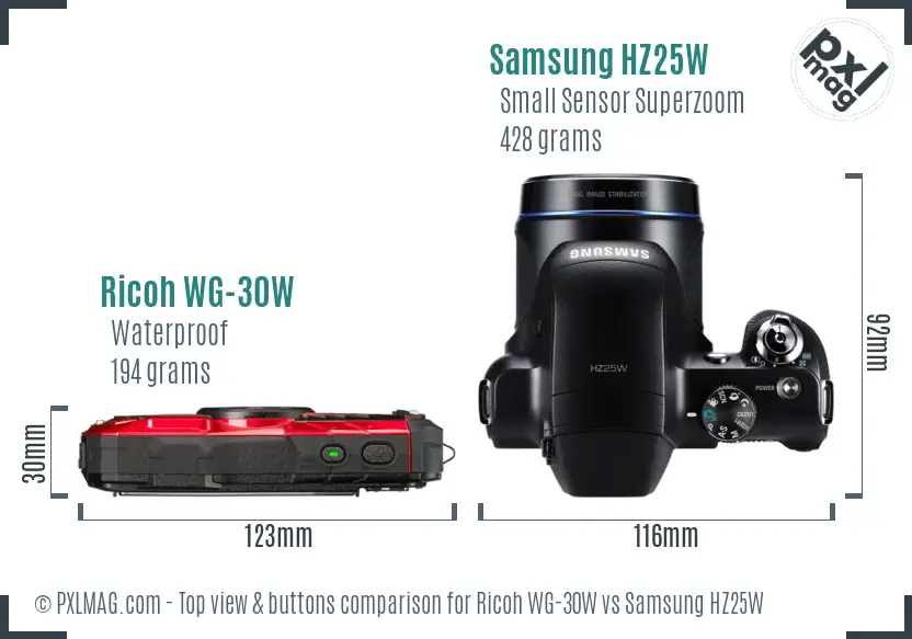 Ricoh WG-30W vs Samsung HZ25W top view buttons comparison