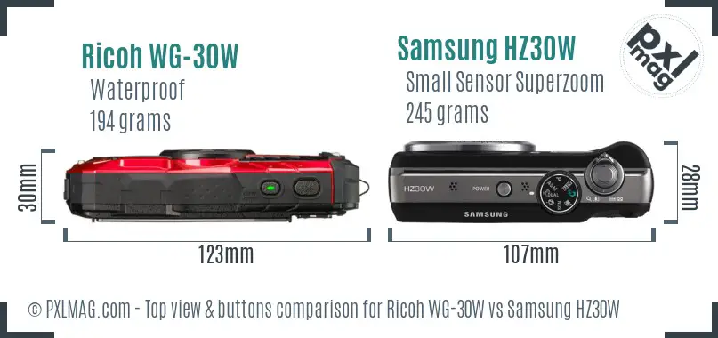 Ricoh WG-30W vs Samsung HZ30W top view buttons comparison