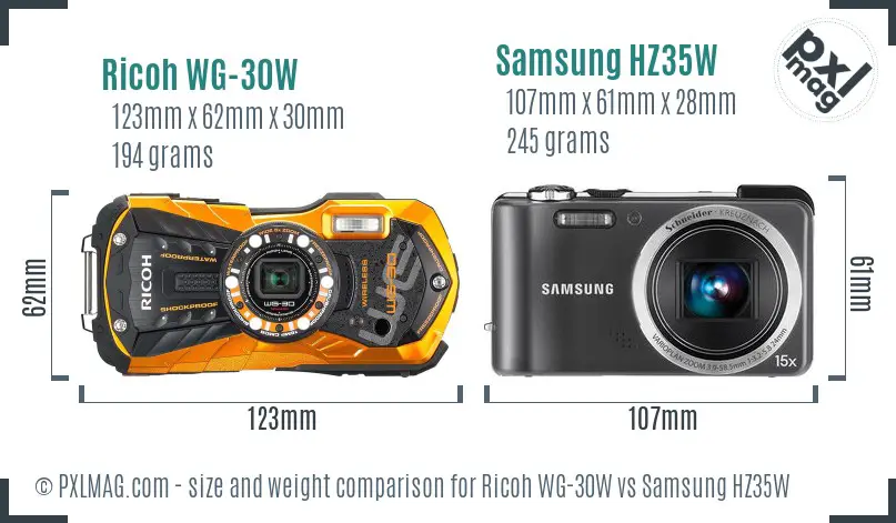 Ricoh WG-30W vs Samsung HZ35W size comparison