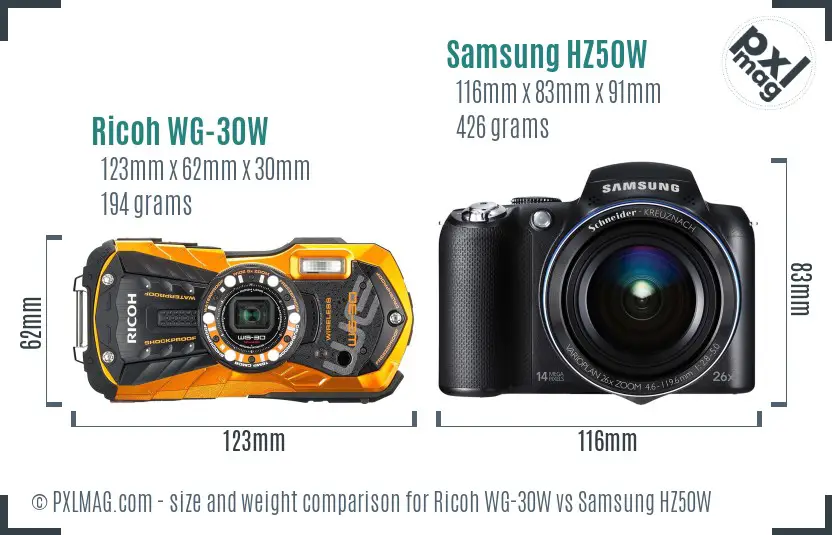 Ricoh WG-30W vs Samsung HZ50W size comparison