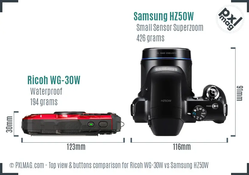 Ricoh WG-30W vs Samsung HZ50W top view buttons comparison