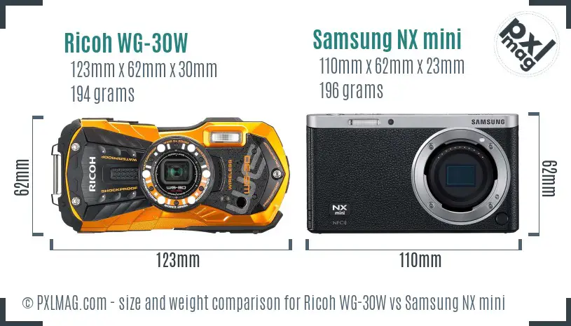 Ricoh WG-30W vs Samsung NX mini size comparison