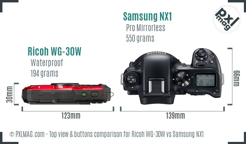 Ricoh WG-30W vs Samsung NX1 top view buttons comparison