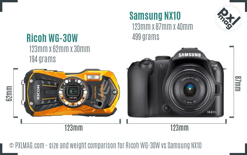 Ricoh WG-30W vs Samsung NX10 size comparison