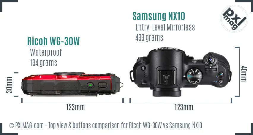 Ricoh WG-30W vs Samsung NX10 top view buttons comparison