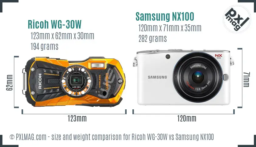 Ricoh WG-30W vs Samsung NX100 size comparison