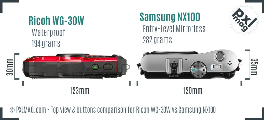 Ricoh WG-30W vs Samsung NX100 top view buttons comparison