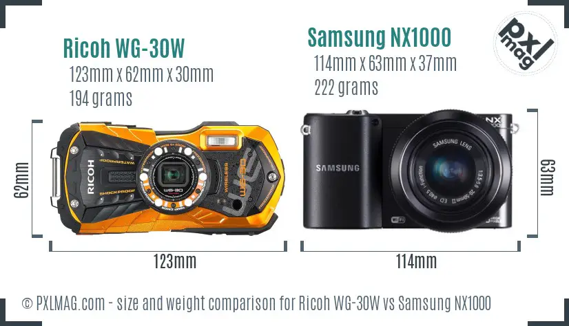 Ricoh WG-30W vs Samsung NX1000 size comparison