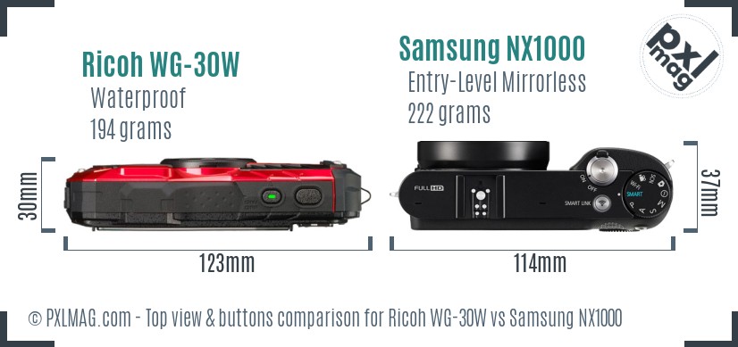Ricoh WG-30W vs Samsung NX1000 top view buttons comparison