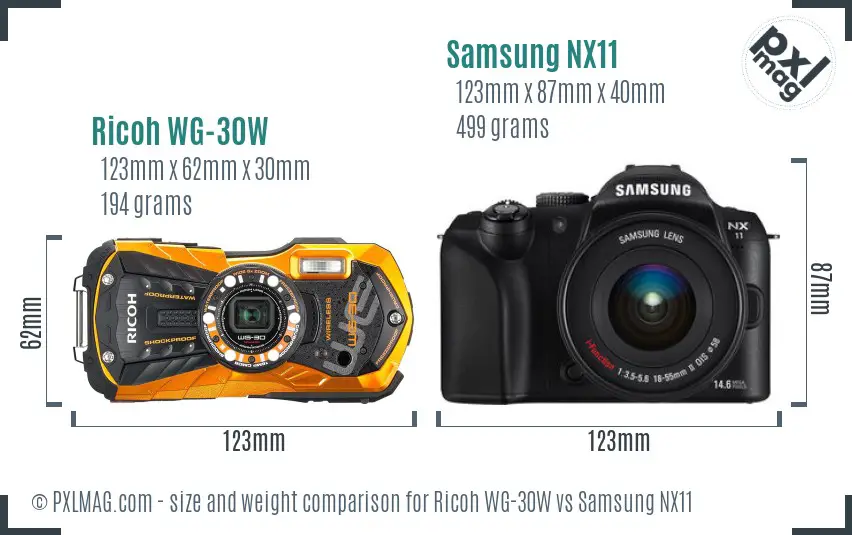 Ricoh WG-30W vs Samsung NX11 size comparison